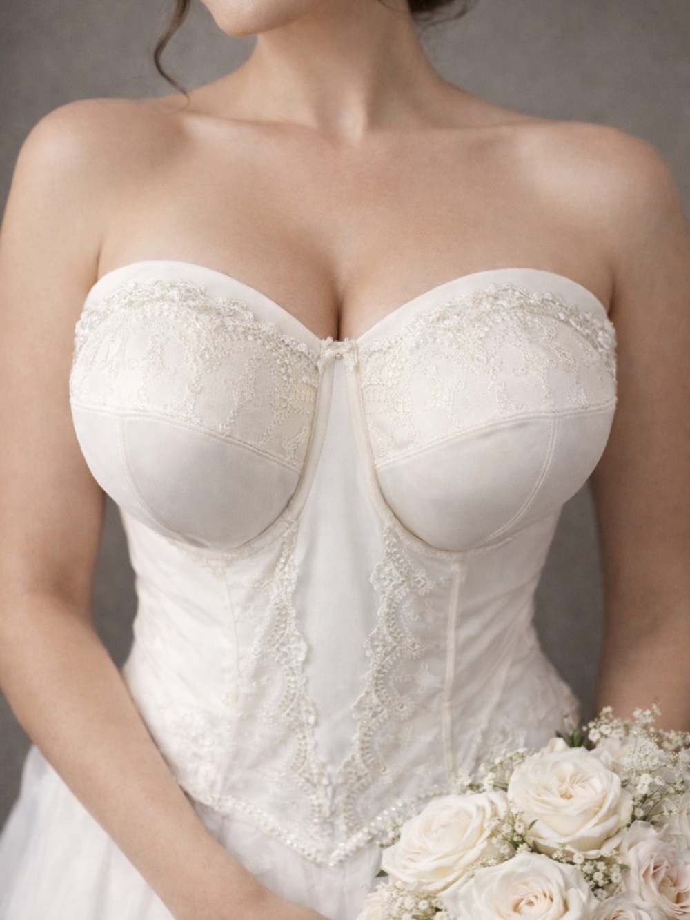 Vintage Ivory Lace Bridal Corset Bustier Boned Top for Strapless Gown. Size 36G
